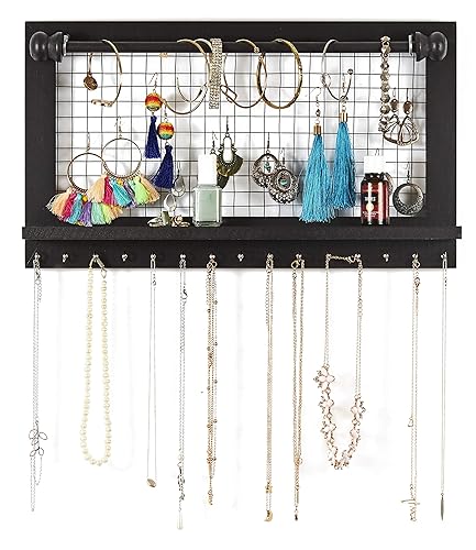 SoCal Buttercup Espresso Jewelry Organizer with Removable Bracelet Rod from Wooden Wall Mounted Holder for Earrings Necklaces Br