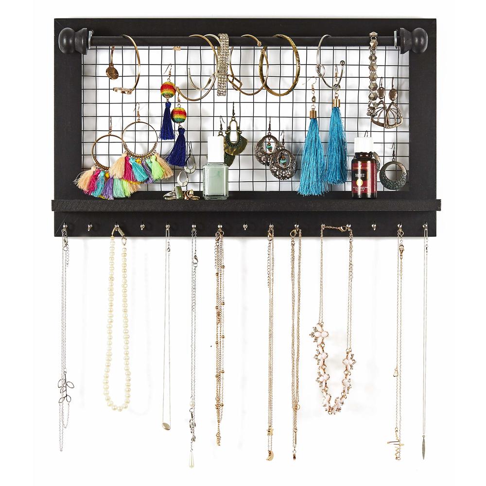 SoCal Buttercup Espresso Jewelry Organizer with Removable Bracelet Rod from Wooden Wall Mounted Holder for Earrings Necklaces Br
