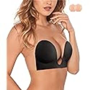 BRABIC Plunge Strapless Sticky Push Up Bra Backless Adhesive Invisible,  with Nipple Covers (Black, 2XL)