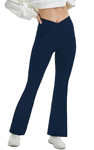 TOPYOGAS Womens Casual Flare Leggings with Pocket Bootleg Yoga Pants  Crossover Hight Waisted Workout Pants Navy Blue