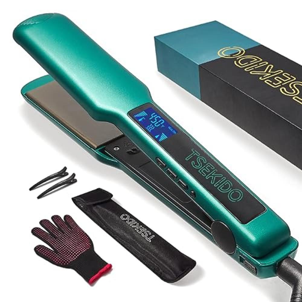 TSEKIDO Hair Straightener and Curler 2 in 1, Professional Titanium Flat Iron with Dual Voltage and LCD Display, Instant Heating