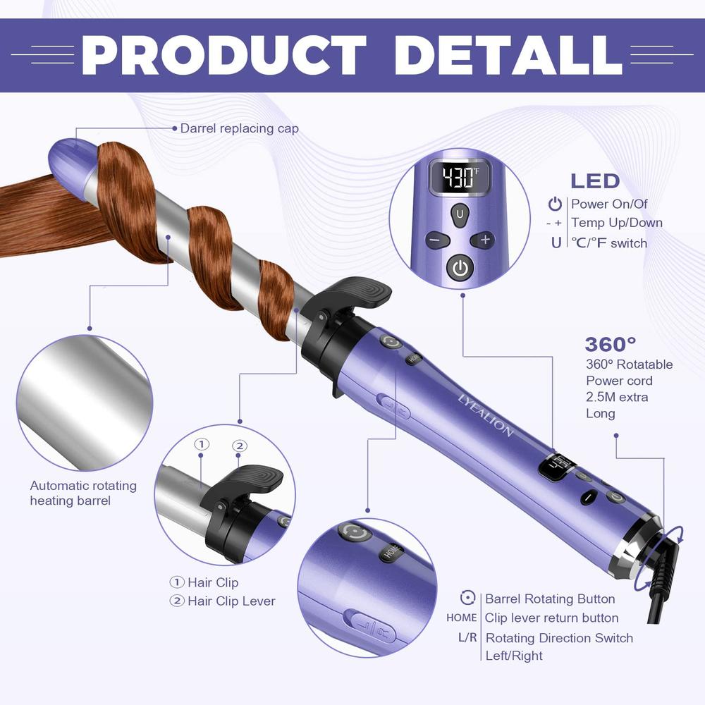 Lyealion Rotating Hair Curling Iron-Lyealion 3 Interchangeable Heating Iron Barrels Automatic Hair Styling Curler to Create Big Wavy Curl