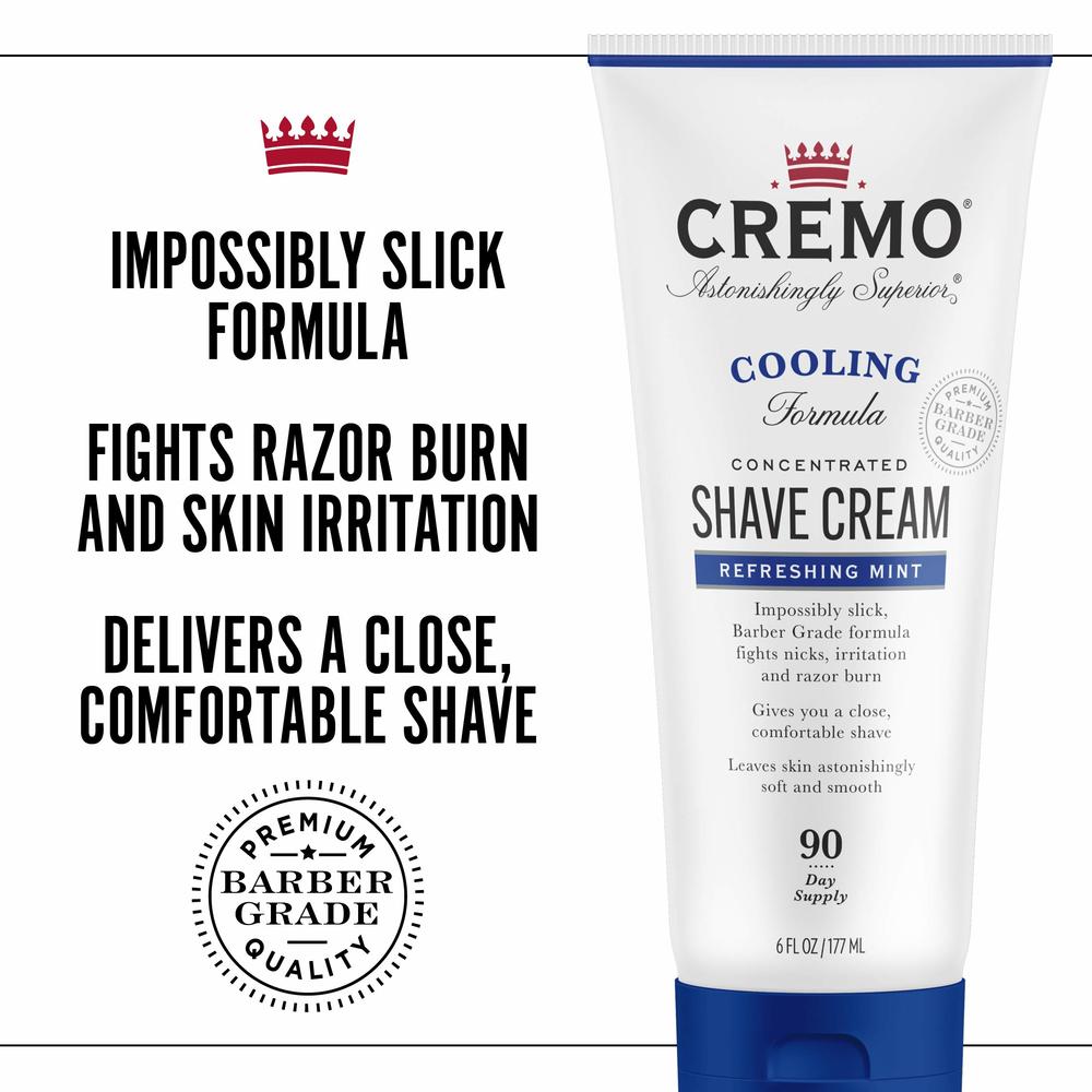 Cremo Barber Grade Cooling Shave Cream, Astonishingly Superior Ultra-Slick Shaving Cream Fights Nicks, Cuts and Razor Burn, 6 Fl