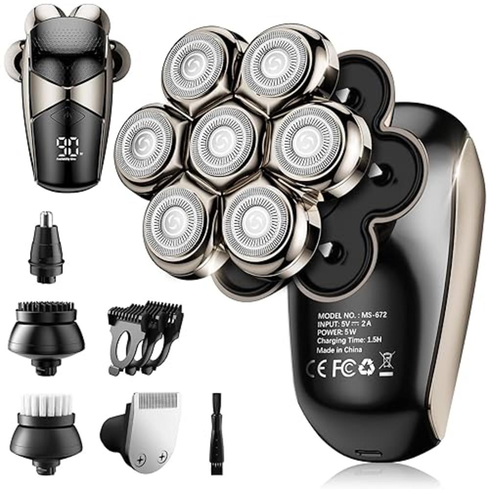 SHPAVVER Detachable Head Shavers, SHPAVVER 5-in-1 Electric Razor IPX7 Waterproof for Bald Men, Wet/Dry LED Display Rechargeable 7D Rotary