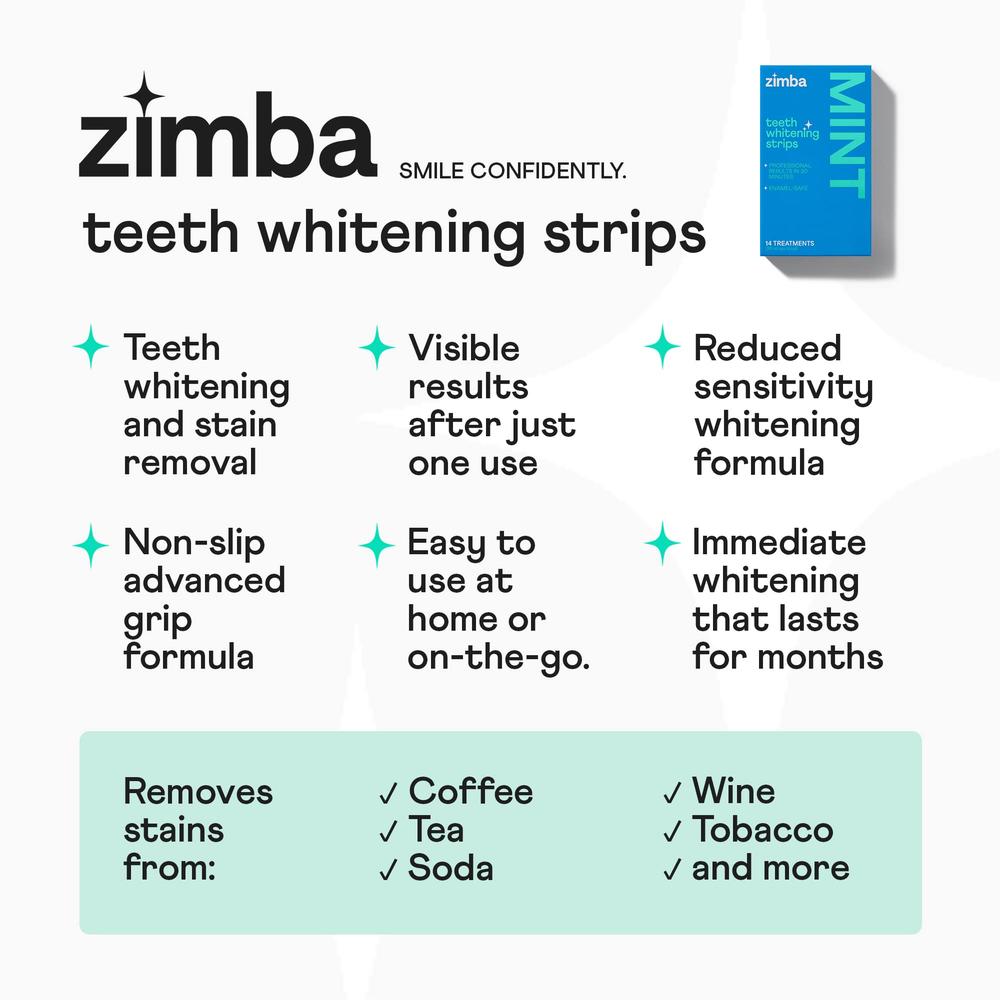 Zimba Strawberry Flavored Teeth Whitening Strips | Vegan, Enamel Safe Hydrogen Peroxide Teeth Whitener for Coffee, Wine, Tobacco