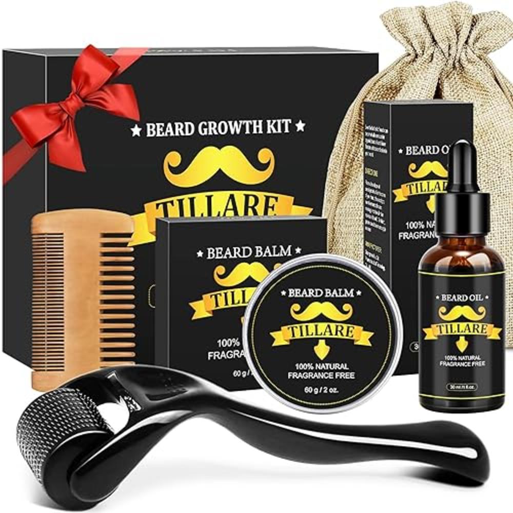 TILLARE Beard Growth Kit - Beard Kit with Beard Oil, Beard Massager, Beard Balm, BeardComb, Birthday Gifts for Men Husband Boyfr