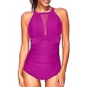 Tempt Me Women One Piece Swimsuit Pink High Neck Mesh Ruched Swimwear S