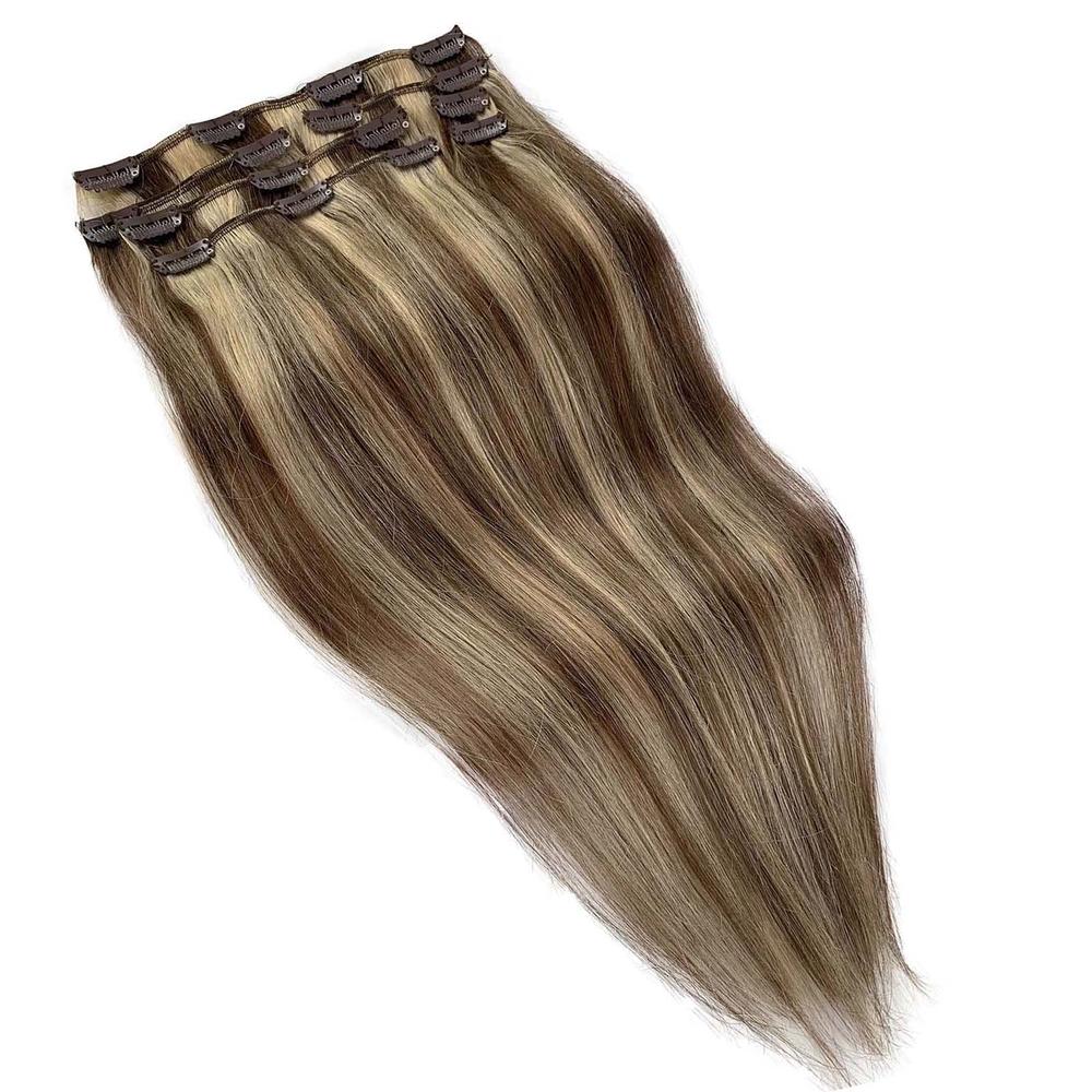 Licoville Clip in Hair Extensions Real Human Hair, Licoville Hair Extensions Clip ins Brown and Blonde Human Hair Extensions Double Weft S