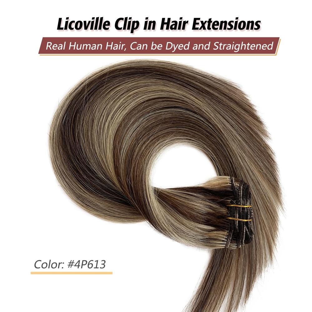 Licoville Clip in Hair Extensions Real Human Hair, Licoville Hair Extensions Clip ins Brown and Blonde Human Hair Extensions Double Weft S