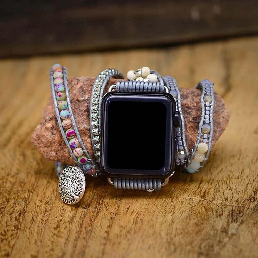 Somesame Compatible with Apple Watch Band 41mm 40mm 38mm Boho Beads Bracelets,Multilayer 5 Wraps Natural Jewelry Handmade Braide