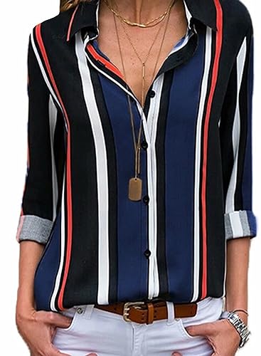 Astylish Women Summer Long Sleeve Collared Button Down Striped Shirt Tops Blue Medium