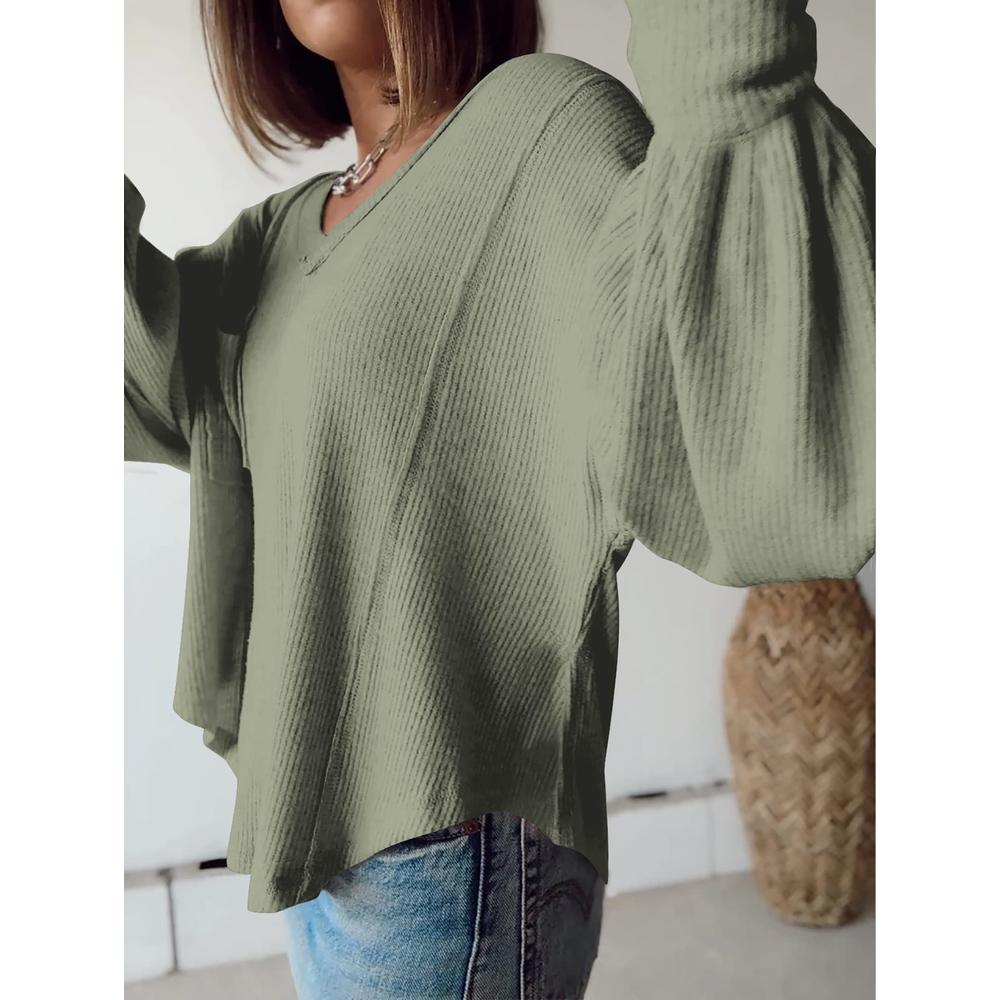 BTFBM Women's Casual V Neck Ribbed Knitted Shirts Pullover Tunic Tops Loose Balloon Sleeve Solid Color Blouses Top(Solid Bean Gr