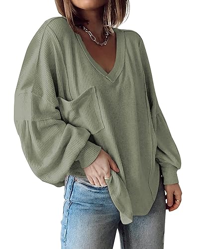 BTFBM Women's Casual V Neck Ribbed Knitted Shirts Pullover Tunic Tops Loose Balloon Sleeve Solid Color Blouses Top(Solid Bean Gr