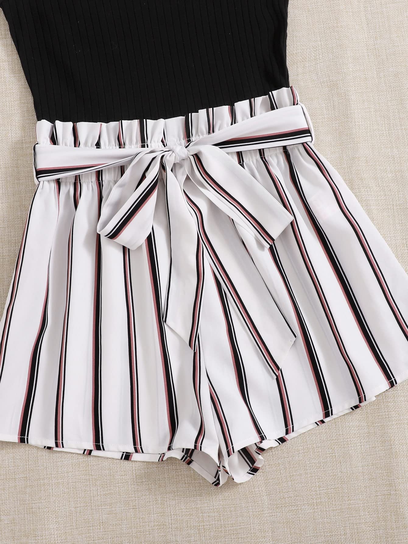 SOLY HUX Women's Summer Sleeveless Striped Belted Tank Romper Short Jumpsuit Black White XS