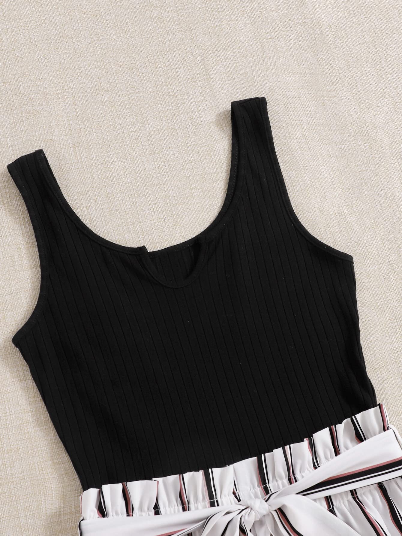 SOLY HUX Women's Summer Sleeveless Striped Belted Tank Romper Short Jumpsuit Black White XS