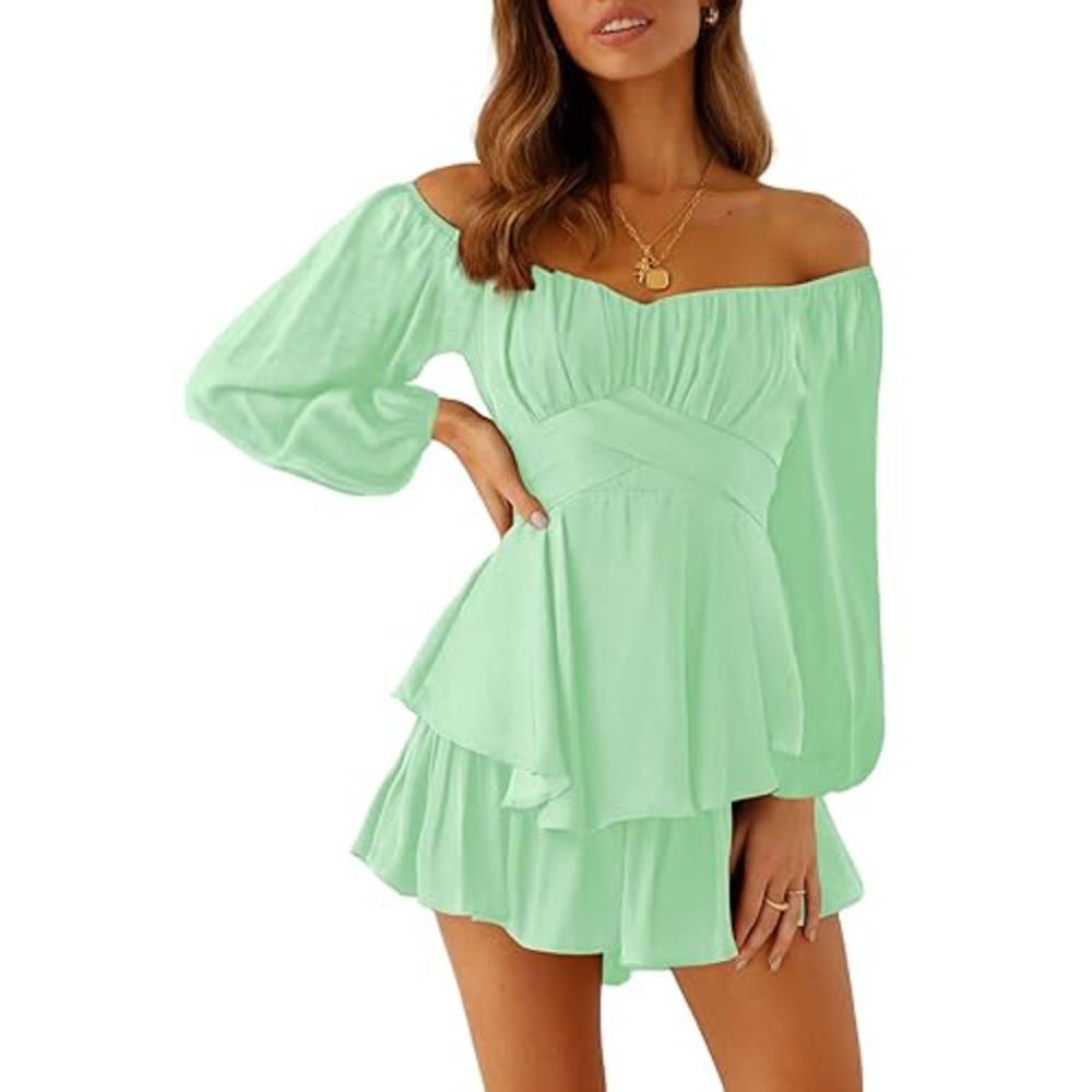 Fixmatti Womens One Piece Romper Long Sleeve Belted Shorts Party Chiffon Jumpsuits Outfits Green S