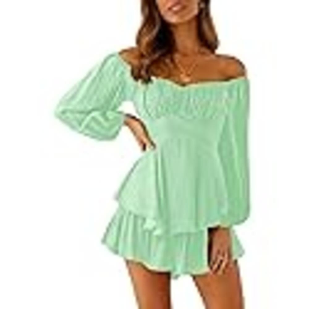 Fixmatti Womens One Piece Romper Long Sleeve Belted Shorts Party Chiffon Jumpsuits Outfits Green S