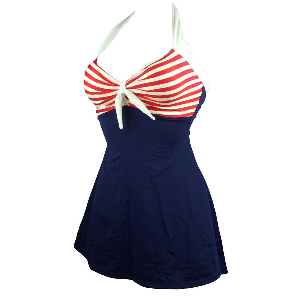 COCOSHIP Navy Blue & Red White Striped Vintage Sailor Pin Up Swimsuit One Piece Skirtini Cover Up Swimdress S(US6)