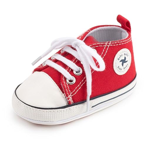 Beidi Baby Girls Boys Shoes Soft Anti-Slip Sole Newborn First Walkers Star High Top Canvas Denim Unisex Infant Sneaker (A03-Red, 0-6 M