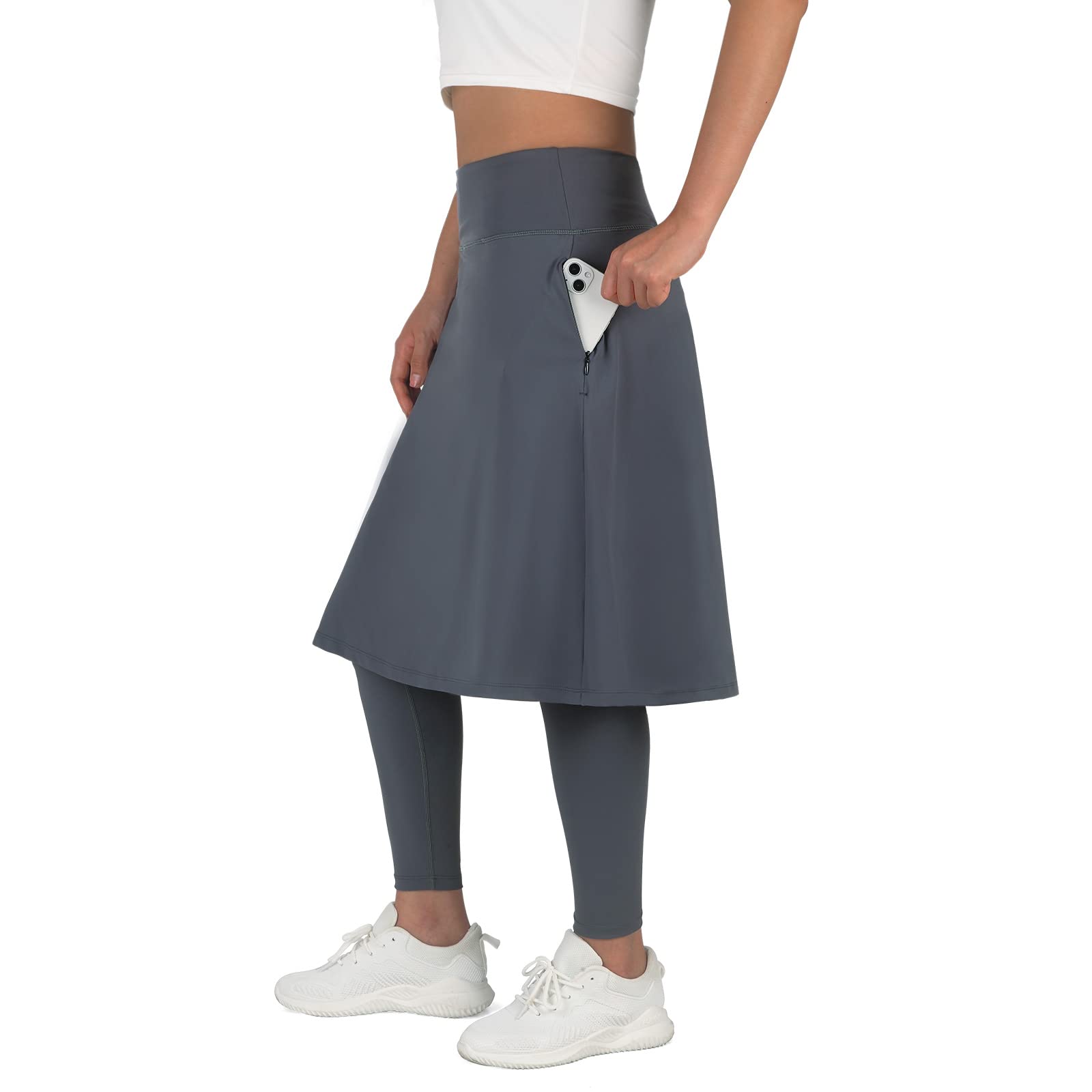 anivivo ANIVIVO Women Long Knee Length Skirt With Full Leggings,Skirted  Leggings with High Waisted Zipper Pockets(Grey-Full Length,XL)