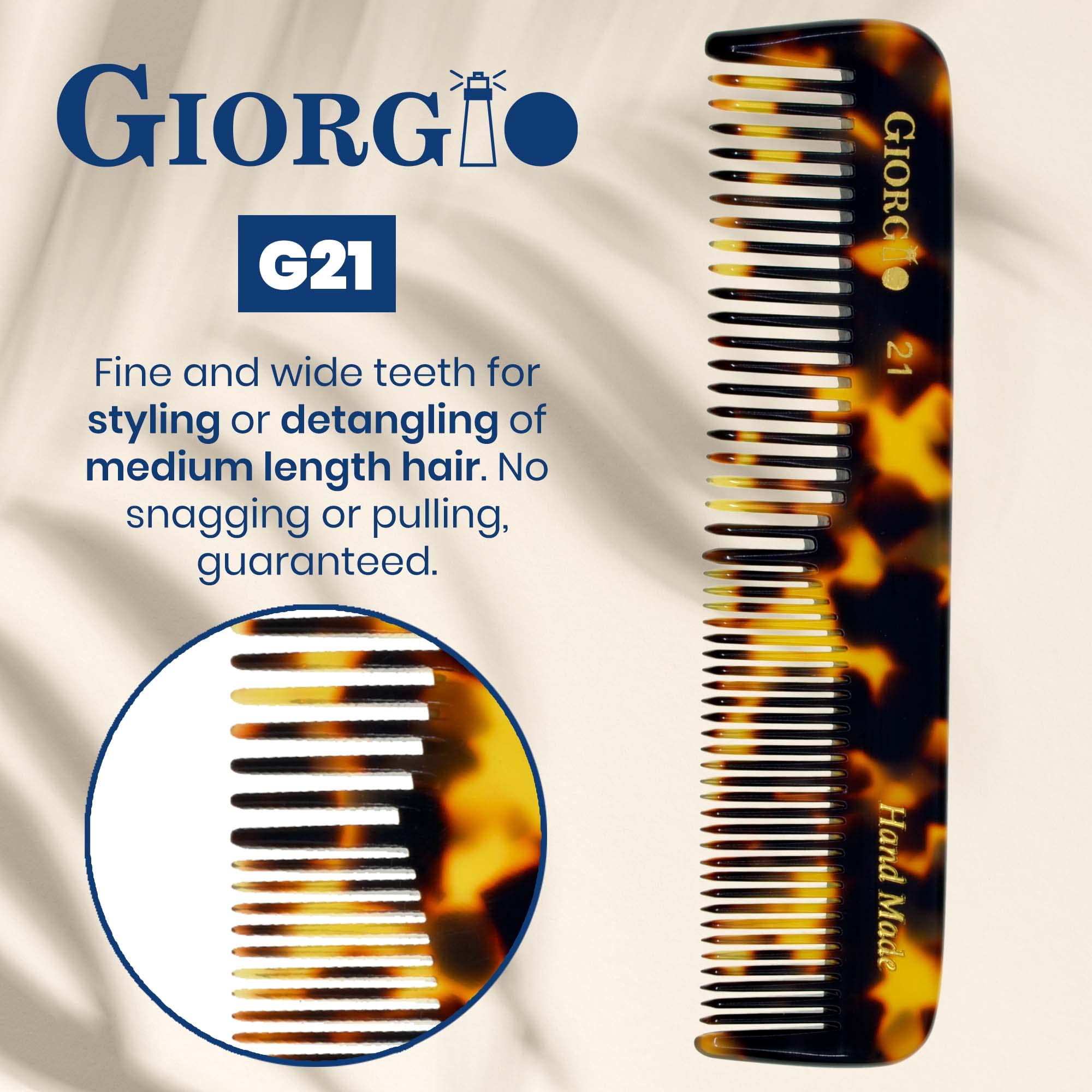 Giorgio G21 Fine Tooth and Wide Tooth Pocket Comb - 4.5" Hair Styling Comb for Men, Travel Hair Comb for Women, Handmade Beard C