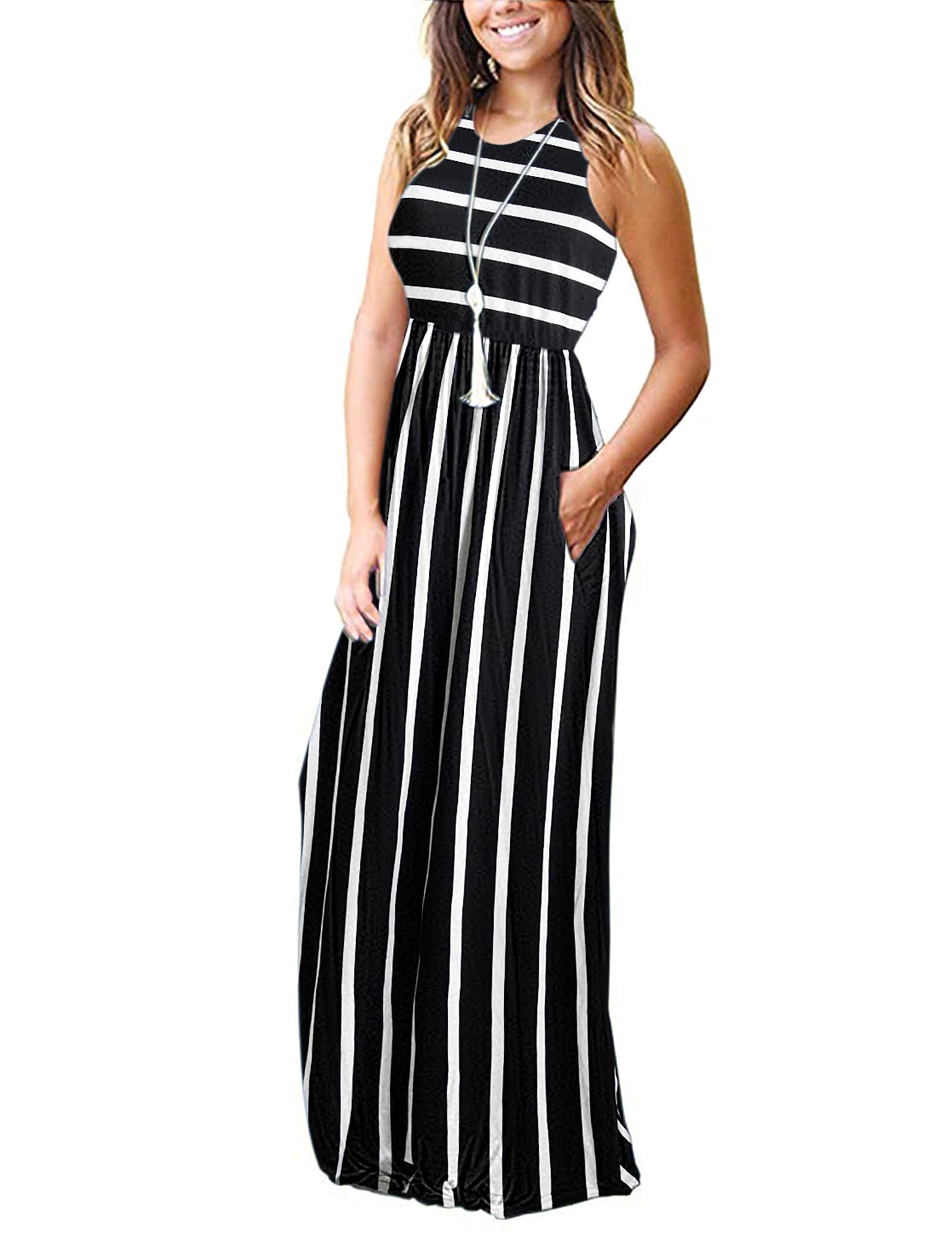 AUSELILY Women's Summer Sleeveless Loose Plain Maxi Dress Casual Long Dress with Pockets(XS,Black White Stripes)