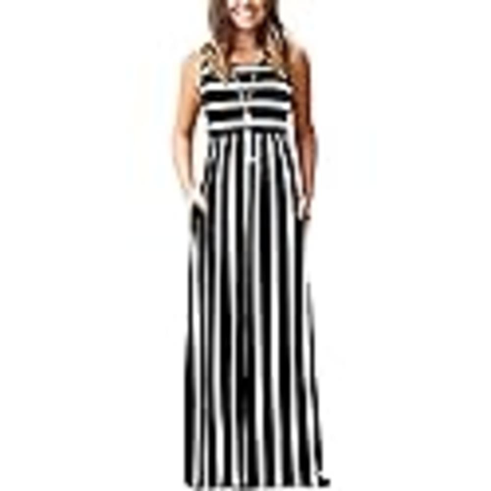 AUSELILY Women's Summer Sleeveless Loose Plain Maxi Dress Casual Long Dress with Pockets(XS,Black White Stripes)