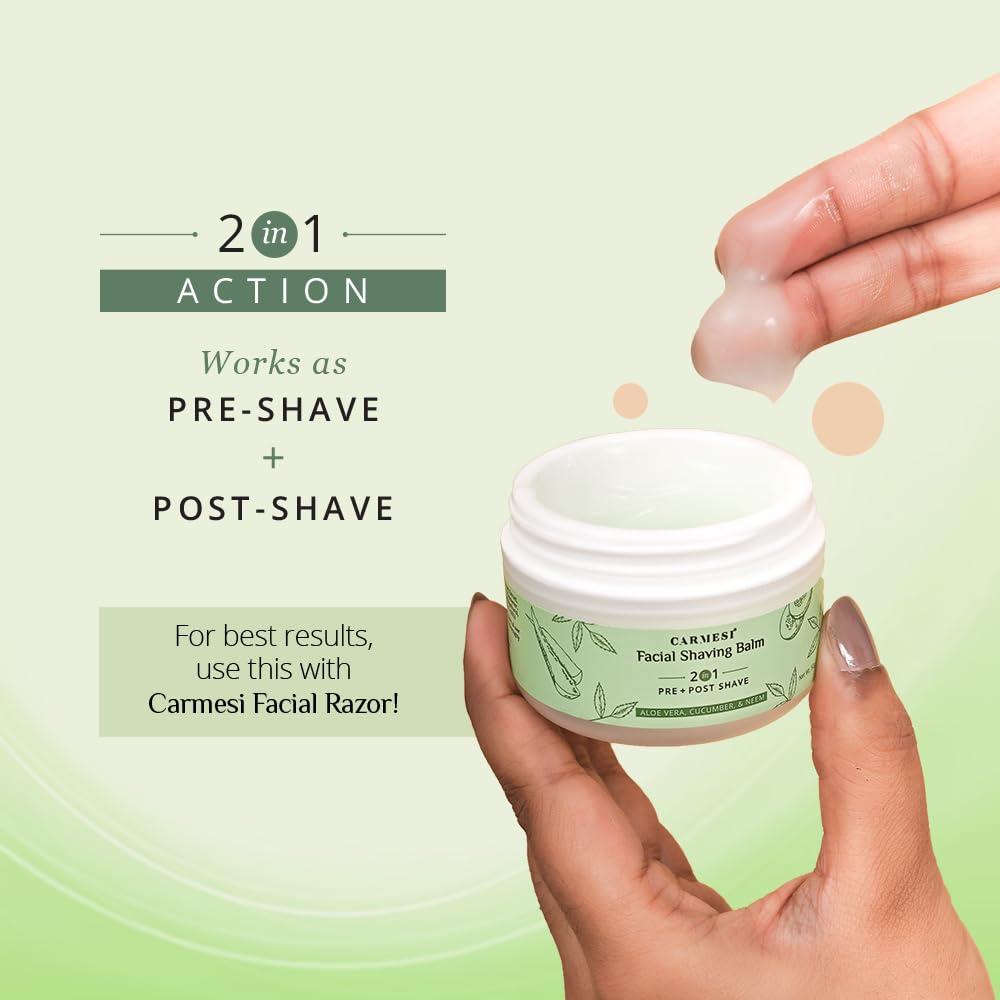 Carmesi Facial Shaving Balm for Women | 2-in-1 (Pre + Post-Shave) | Cooling Effect | No Razor Burns | Aloe Vera, Cucumber, Neem