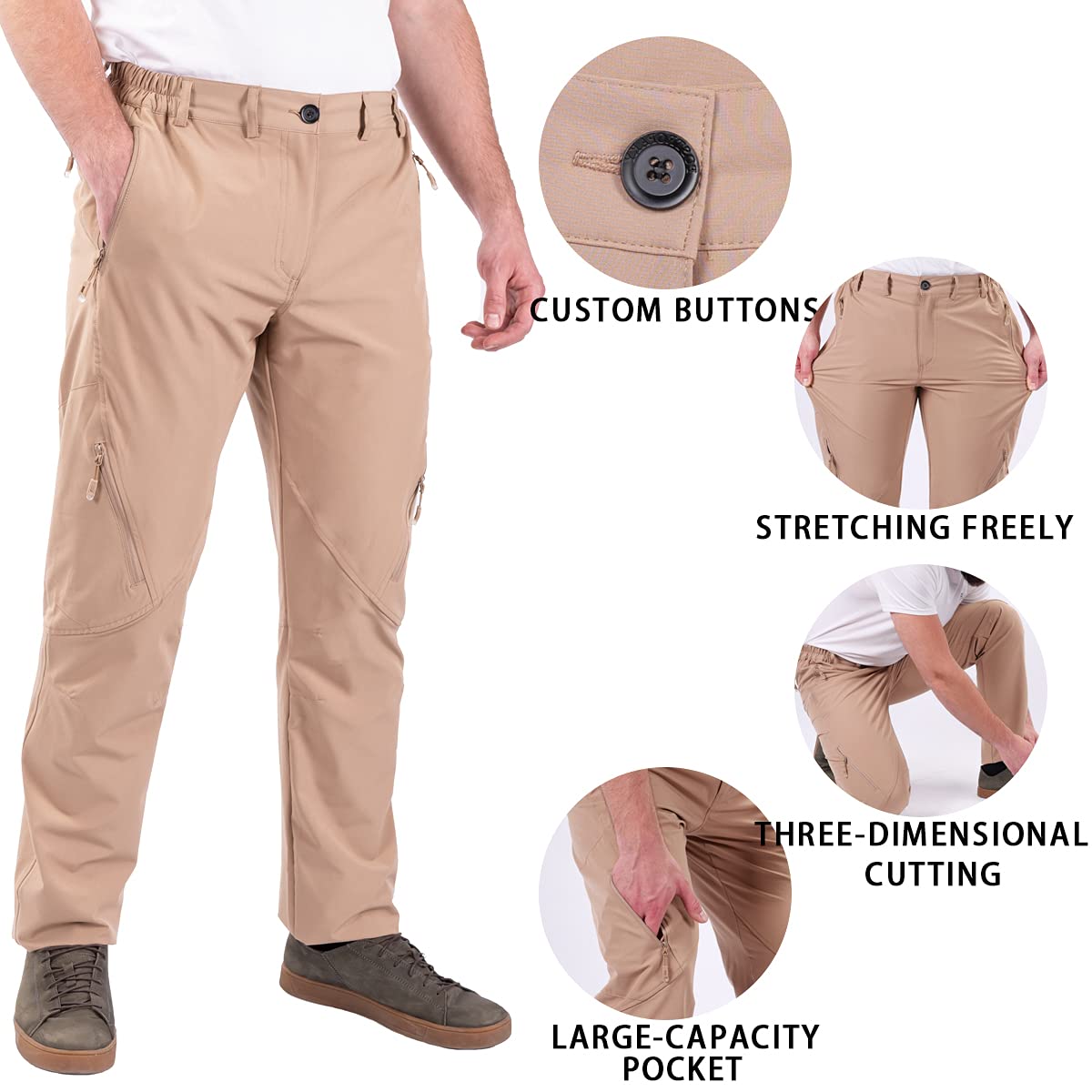 Postropaky Mens Hiking Quick Dry Lightweight Waterproof Fishing Pants Outdoor Travel Climbing Stretch Pants(Khaki, 34W x 34L)
