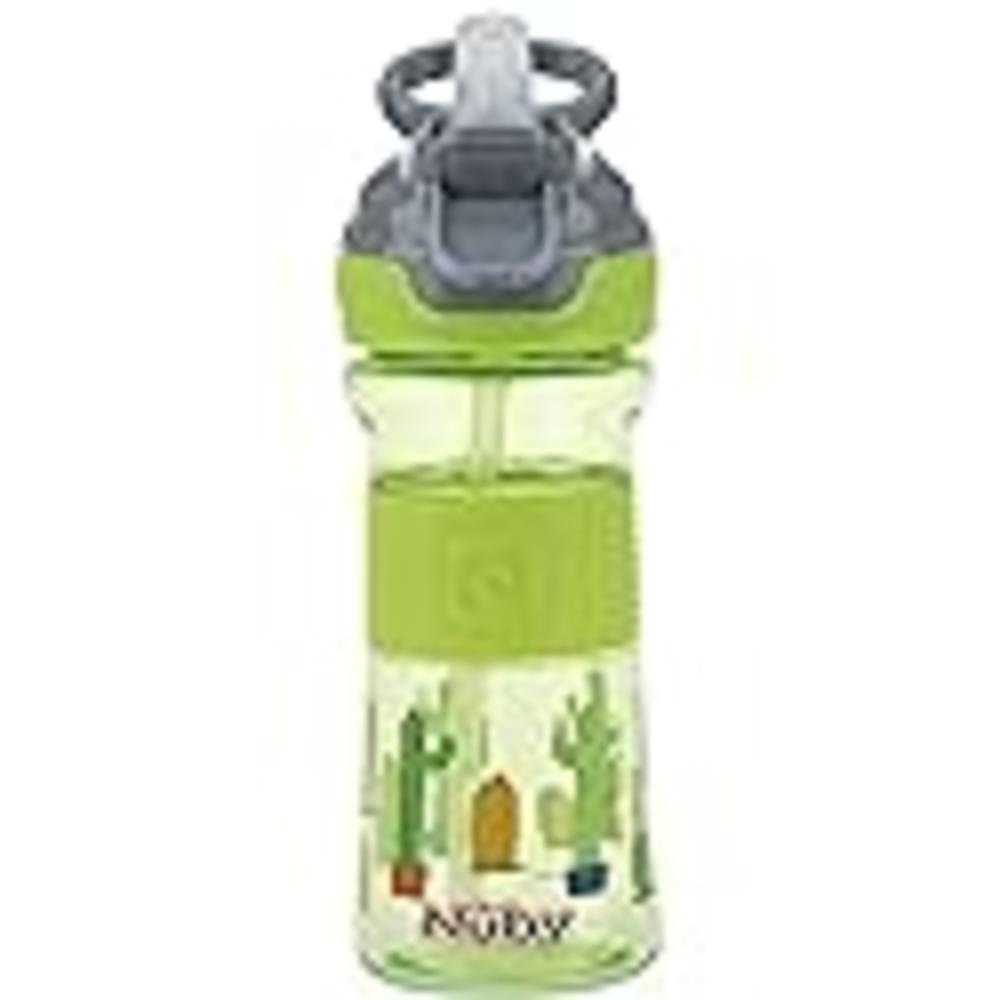 Nuby Thirsty Kids Push Button Flip-it Soft Spout on The Go Water Bottle with Easy Grip Band, Green Cactus, 12 Ounce