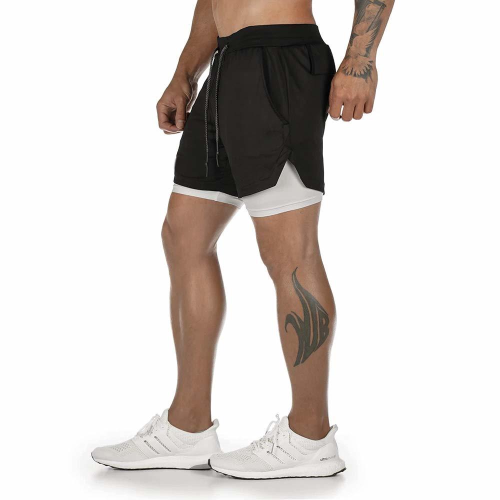 Surenow Mens Running Shorts，Workout Running Shorts for Men，2-in-1 Stealth Shorts， 7-Inch Gym Yoga Outdoor Sports Shorts Black