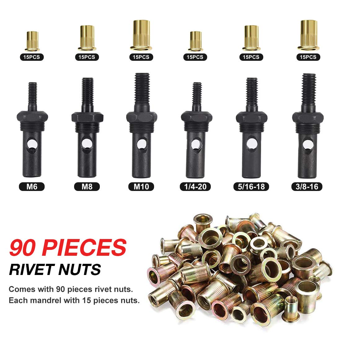 AOBEN 14" Rivet Nut Tool, Professional Hand Rivet Nut Setter Kit Labor-Saving and Compact Design Including 6 Interchangeable Man