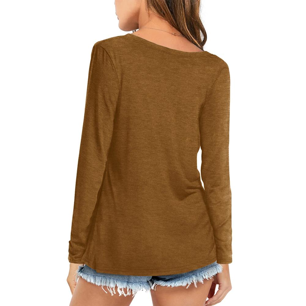 Amoretu Women Long Sleeve Blouses Casual Tunic V Neck Shirts Top Brown XL