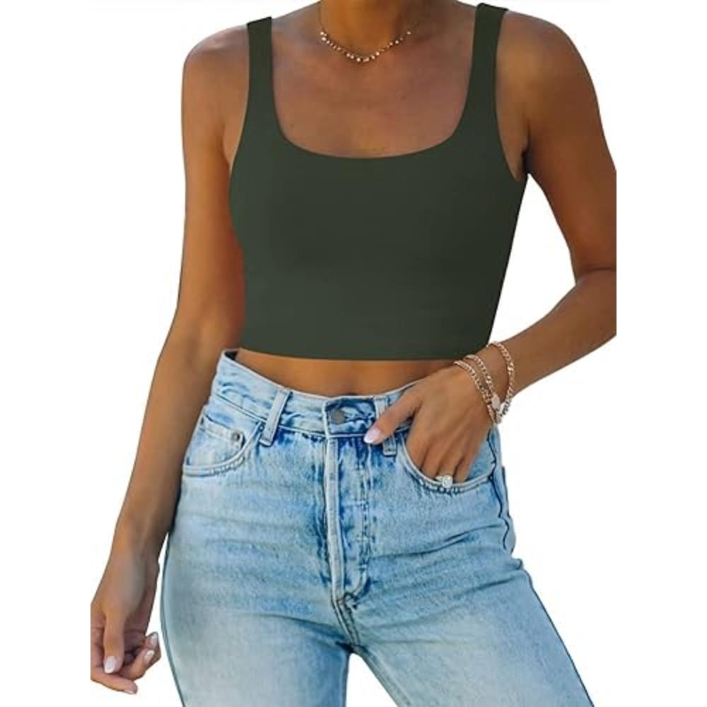 REORIA Women's Summer Sexy Basic Sleeveless Square Neck Fitted Seamless Yoga Cropped Tank Cute Crop Tops Grey Large