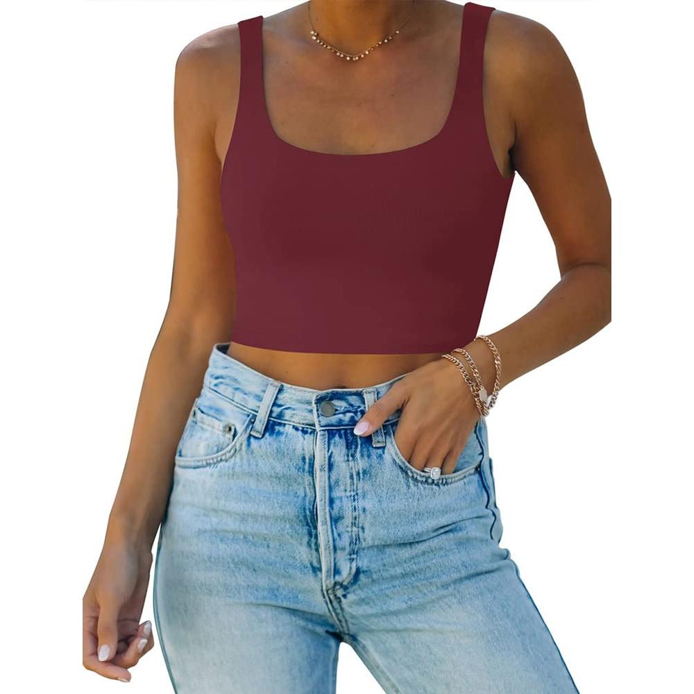 REORIA Women's Summer Sexy Basic Sleeveless Square Neck Fitted Seamless Yoga Cropped Tank Cute Crop Tops Burgundy X-Large