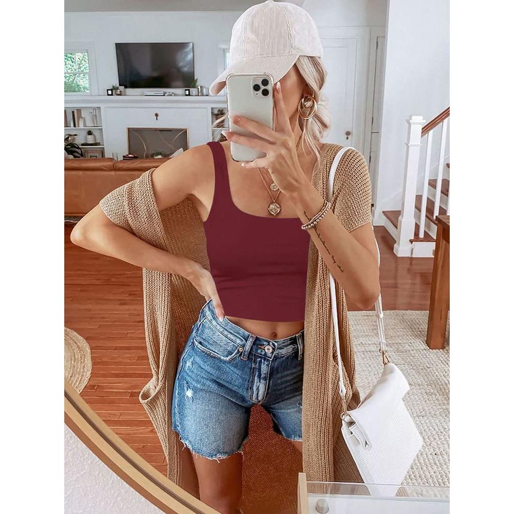 REORIA Women's Summer Sexy Basic Sleeveless Square Neck Fitted Seamless Yoga Cropped Tank Cute Crop Tops Burgundy X-Large