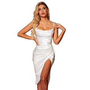 HTZMO Women's Satin Slip Dress Cowl Neck Backless Ruched Bodycon Sexy Club Midi Dresses White HTZMO Women's Satin Slip Dress Cowl Neck Backless Ruched Bodycon Sexy Club Midi Dresses White