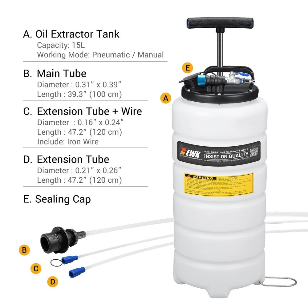 EWK Patented 15L Pneumatic/Manual Oil Extractor Change Pump for Automotive Fluids Vacuum Evacuation