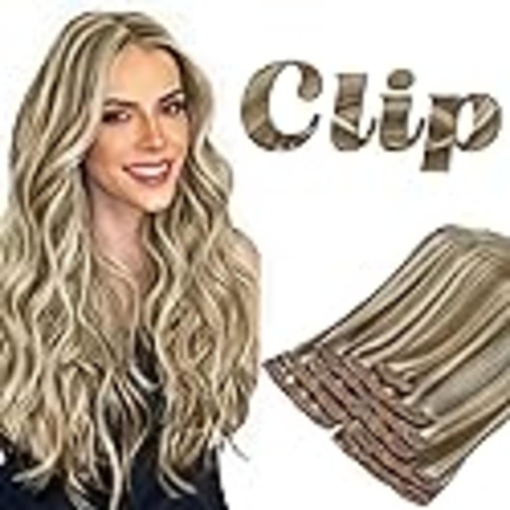Sunny Hair Sunny Clip in Hair Extensions Real Human Hair Highlights 24inch Clip in Hair Extensions Light Brown Highlights Platinum Blonde H