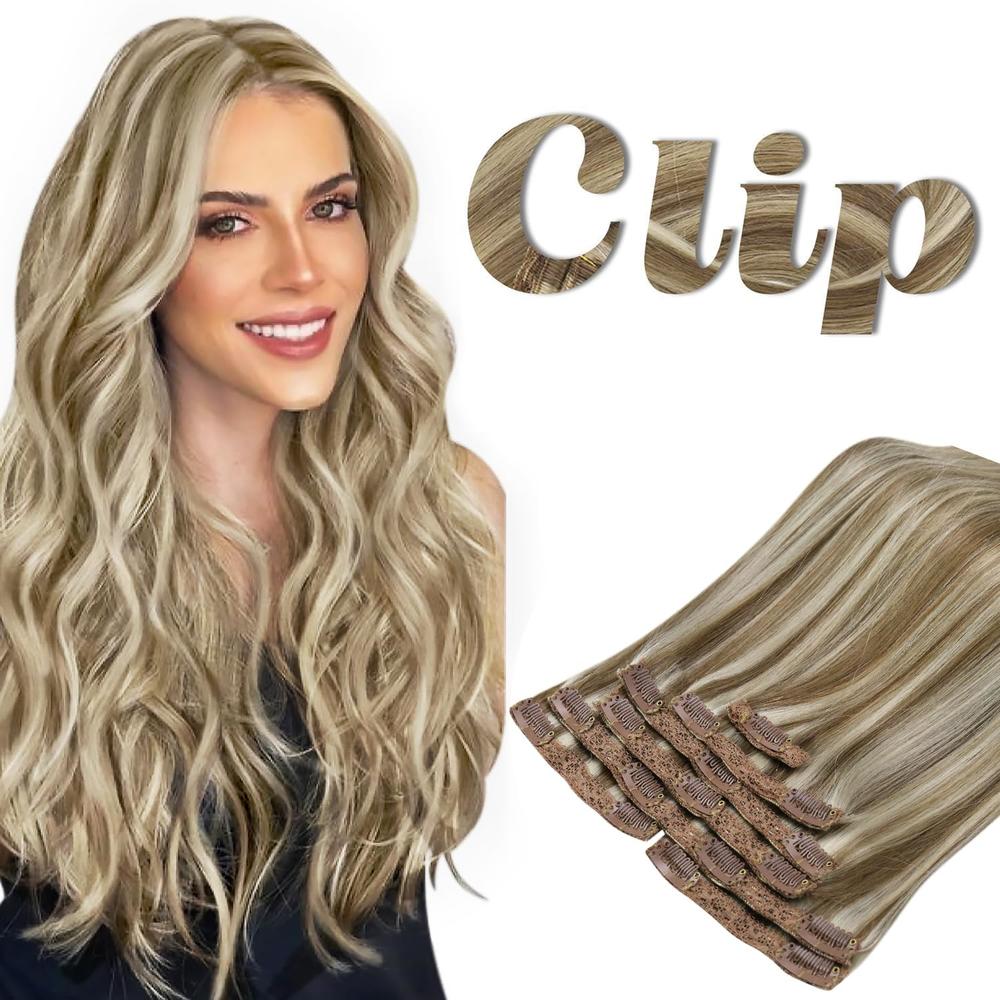 Sunny Hair Sunny Clip in Hair Extensions Real Human Hair Highlights 24inch Clip in Hair Extensions Light Brown Highlights Platinum Blonde H