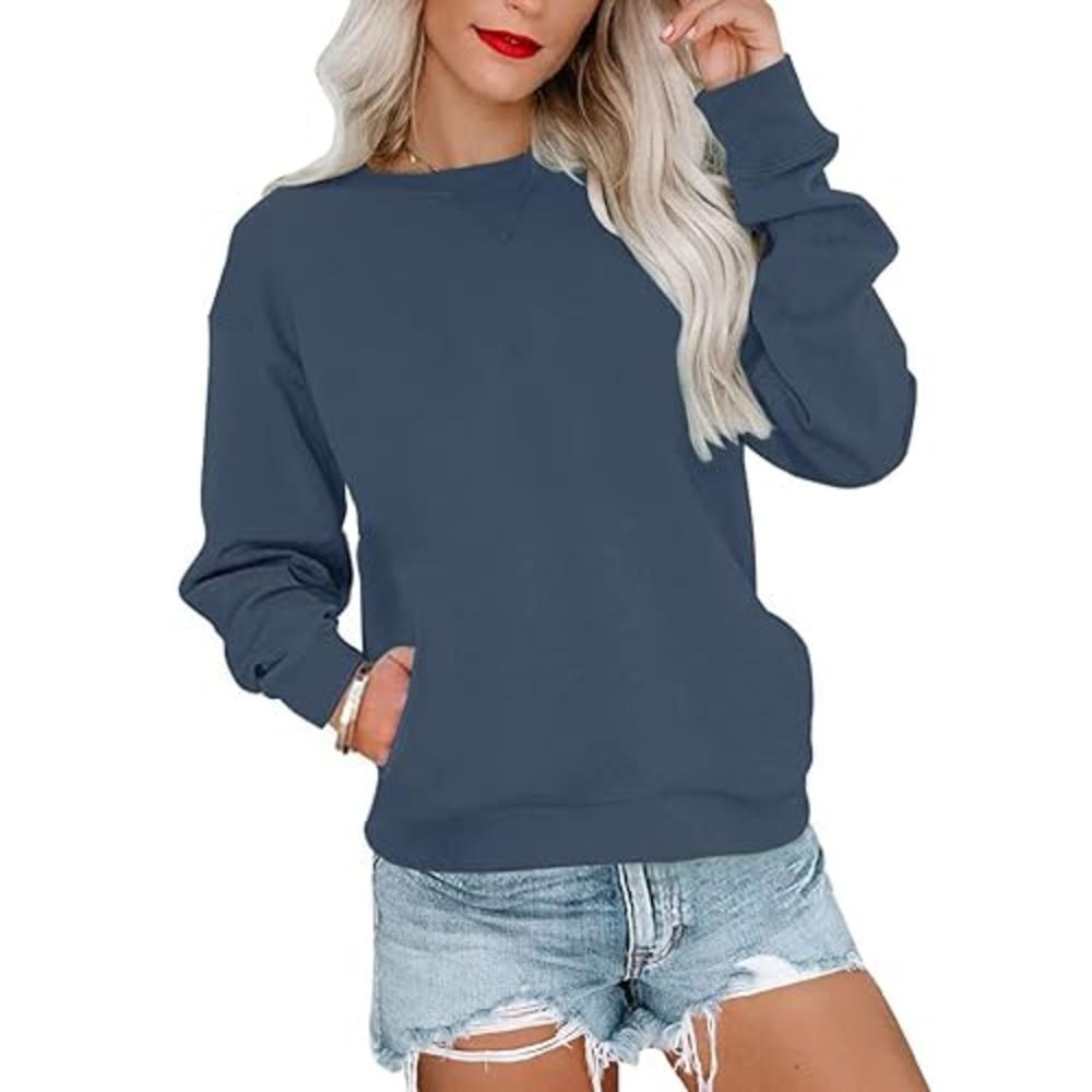 Orchidays Womens Casual Crewneck Sweatshirts Long Sleeve Cute Tunic Tops Loose Fitting Pullovers (Navy Pocket,Small,Adult,Female