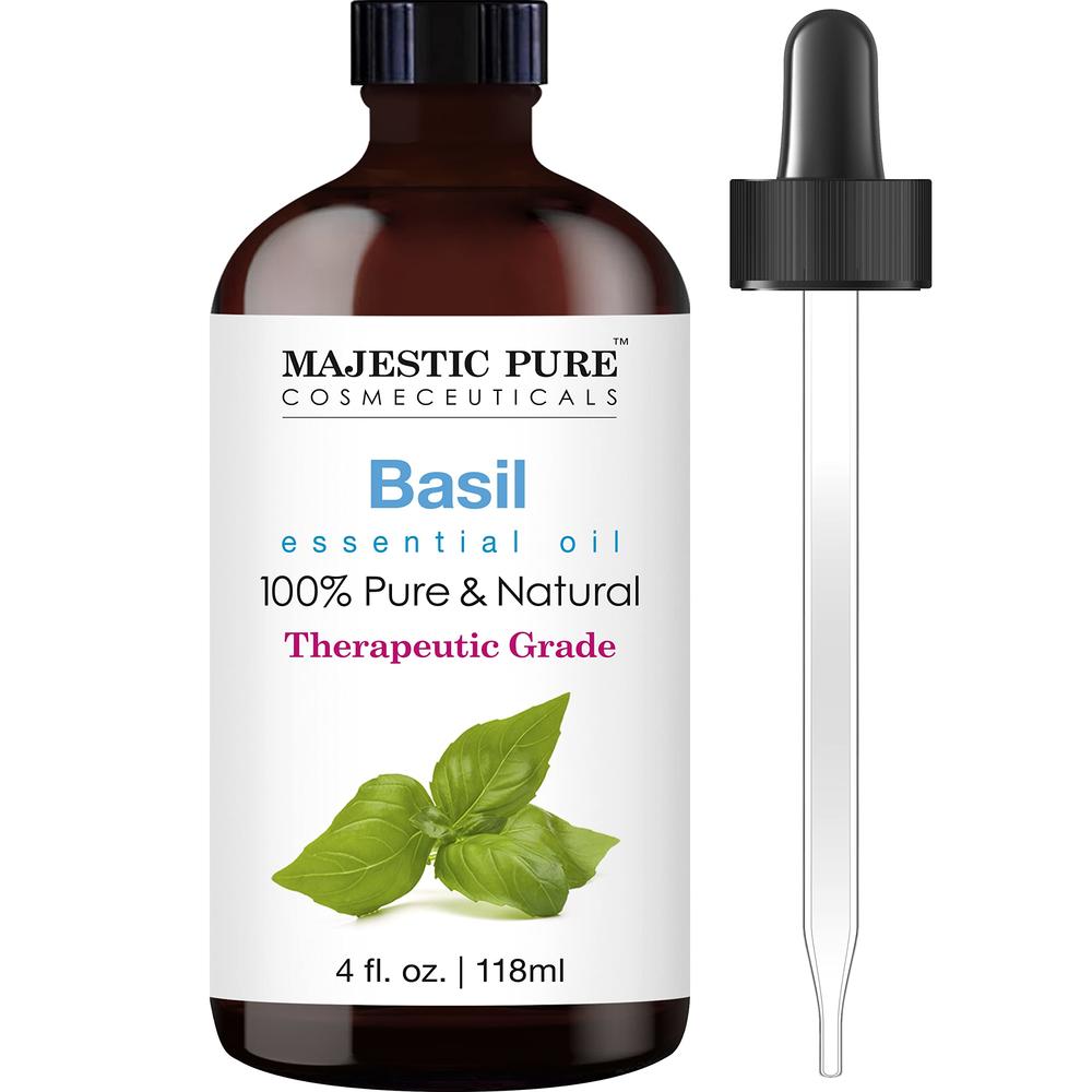 MAJESTIC PURE Basil Essential Oil, Therapeutic Grade, Pure and Natural Premium Quality Oil, 4 Fl Oz