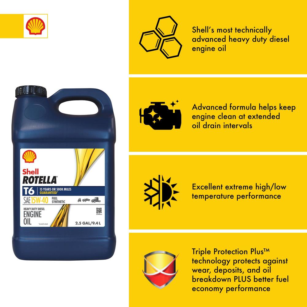 Shell Rotella T6 Full Synthetic 15W-40 Diesel Engine Oil (2.5-Gallon, Case of 2)