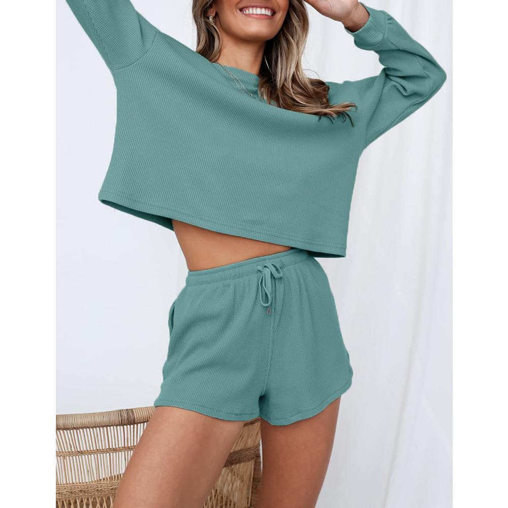 ZESICA Women's Waffle Knit Long Sleeve Top and Shorts Pullover Nightwear Lounge Pajama Set with Pockets,Turquoise,X-Large
