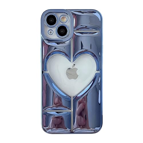 Caseative Chrome Plating Electroplated 3D Hollow Love Heart Soft Compatible with iPhone Case (Blue,iPhone 13)