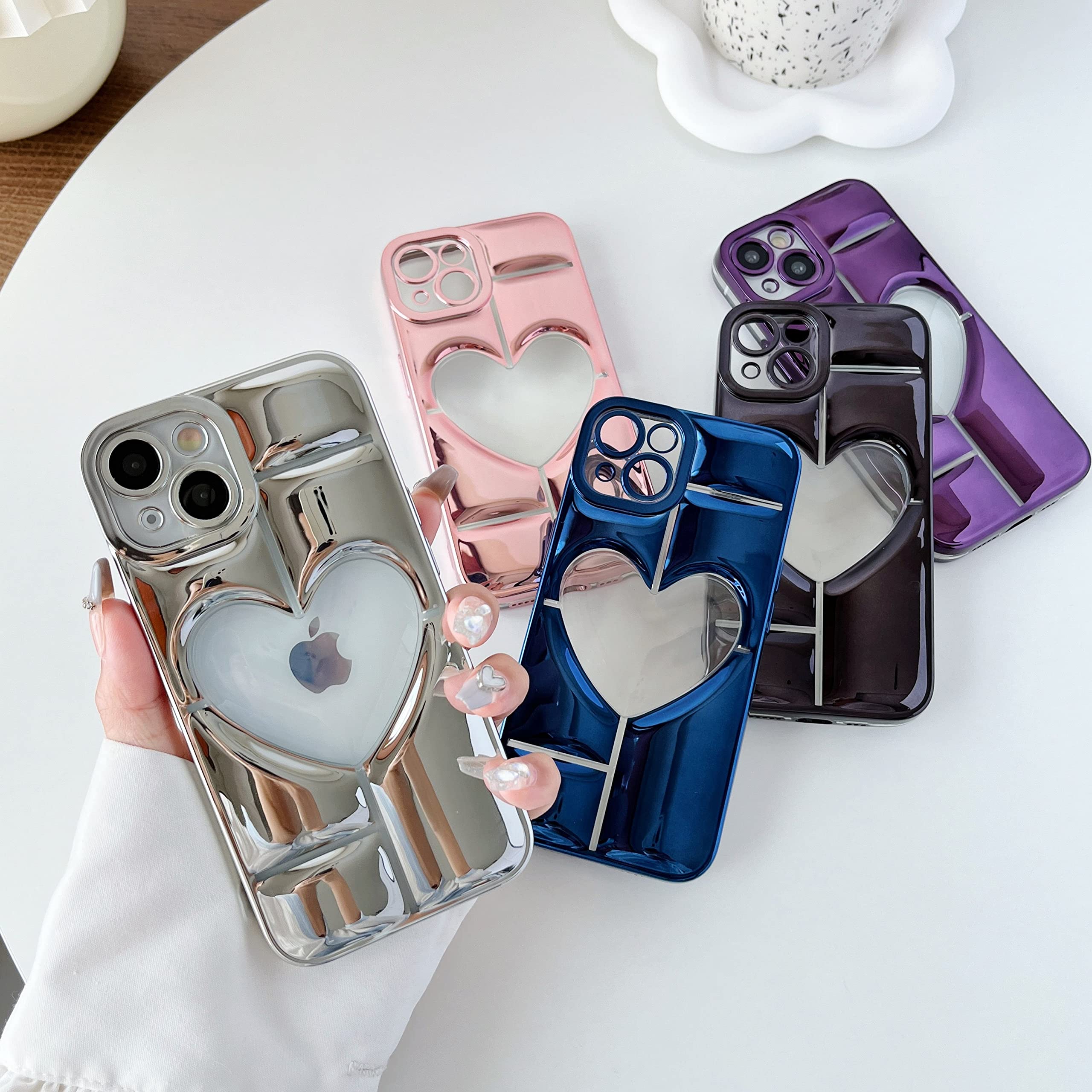 Caseative Chrome Plating Electroplated 3D Hollow Love Heart Soft Compatible with iPhone Case (Blue,iPhone 13)