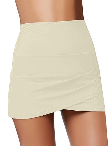 GRAPENT Women's High Waist Tulip Hem Shirring Swim Skirt Swimsuit Bikini Bottom Skirted Tankini Bottom Color Vanilla Size L Larg