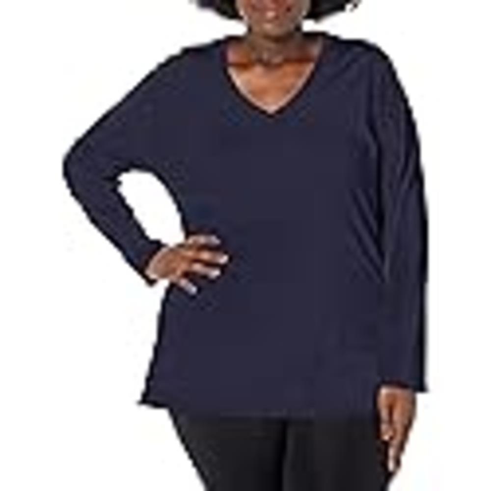 JUST MY SIZE womens Just My Size Women's Plus Size Vneck Long Sleeve Tee Shirt, Hanes Navy, 3X US