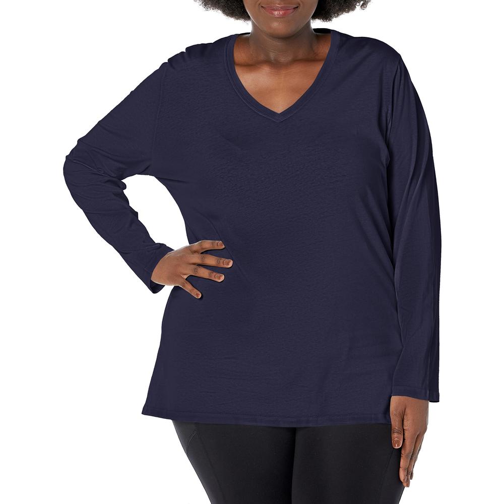 JUST MY SIZE womens Just My Size Women's Plus Size Vneck Long Sleeve Tee Shirt, Hanes Navy, 3X US