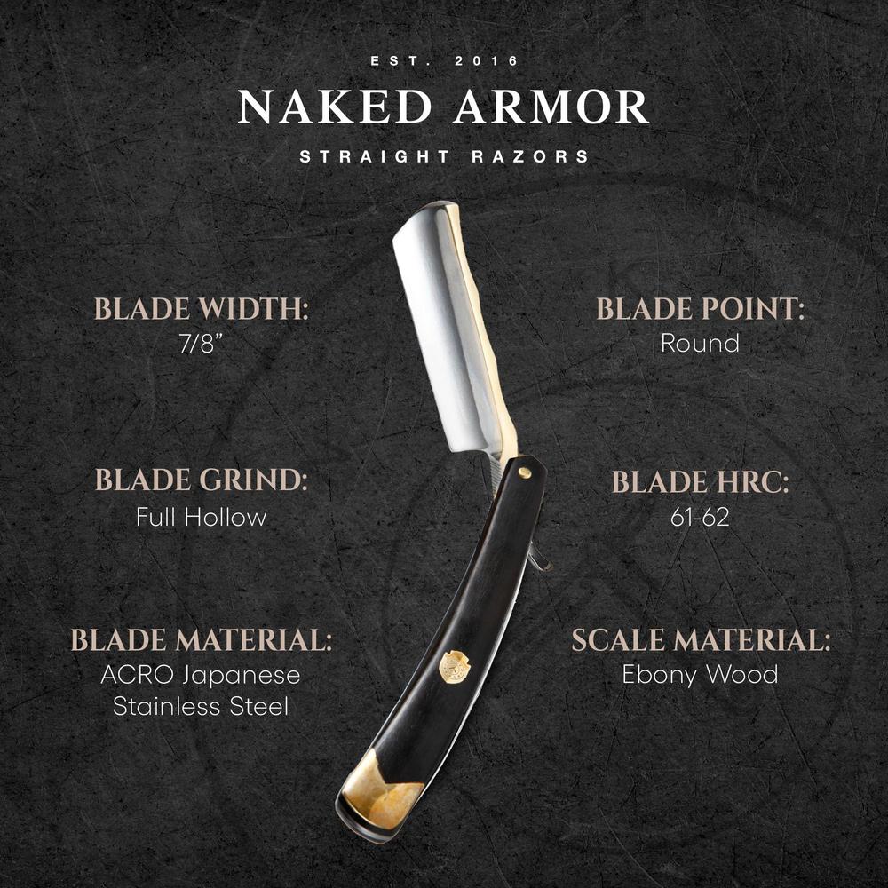 Naked Armor Gold Straight Razor Kit - Shave Ready Straight Razor, Stainless Steel Straight Edge Razor, Ebony Straight Razor For Men, Brush,